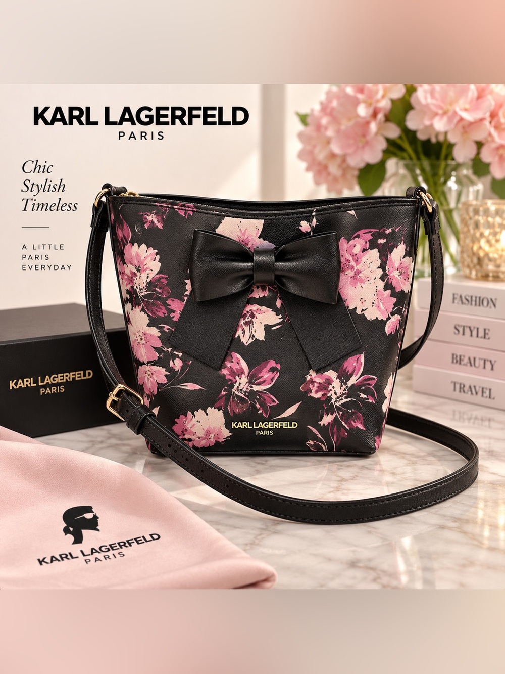 Karl Lagerfeld Paris Kris Floral Bow Crossbody Bag Black Pink